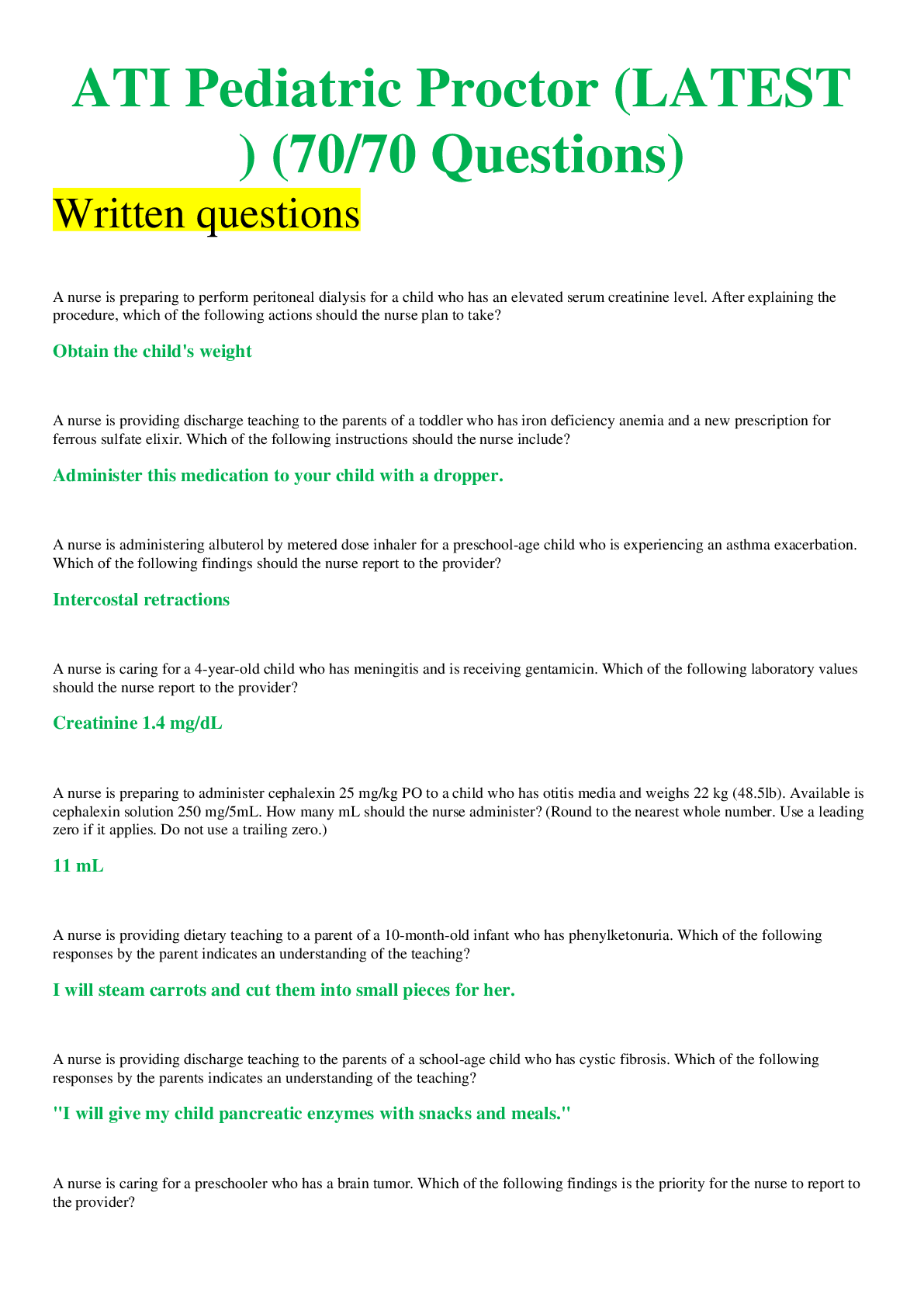 Preview image for ATI Pediatric Proctor (LATEST) (70/70 Questions)